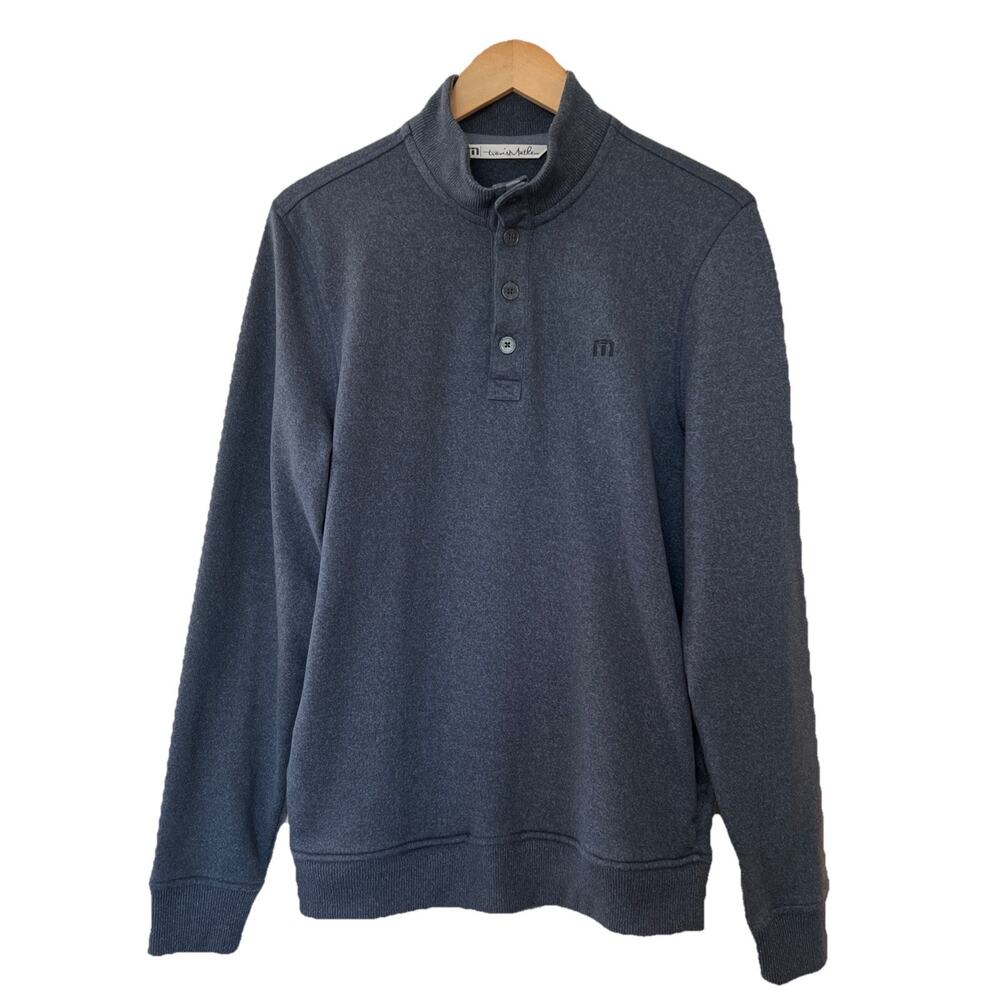 Travis Mathew Fleece Pullover Sweater Mens Medium Blue Button Henley Pocket Golf